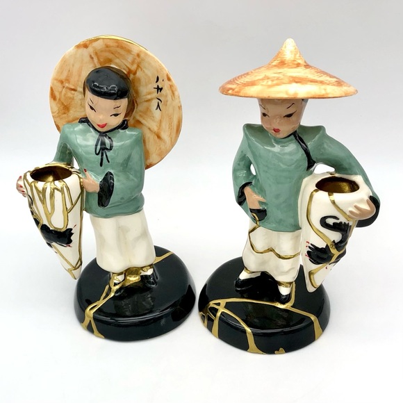 Vilas Asian Statuette Pair Kintsugi Repaired Gold Crack Art Growth Gift MCM - Picture 4 of 16